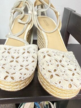 Michael Kors Ivory Lace Espadrille Wedge Sandals
